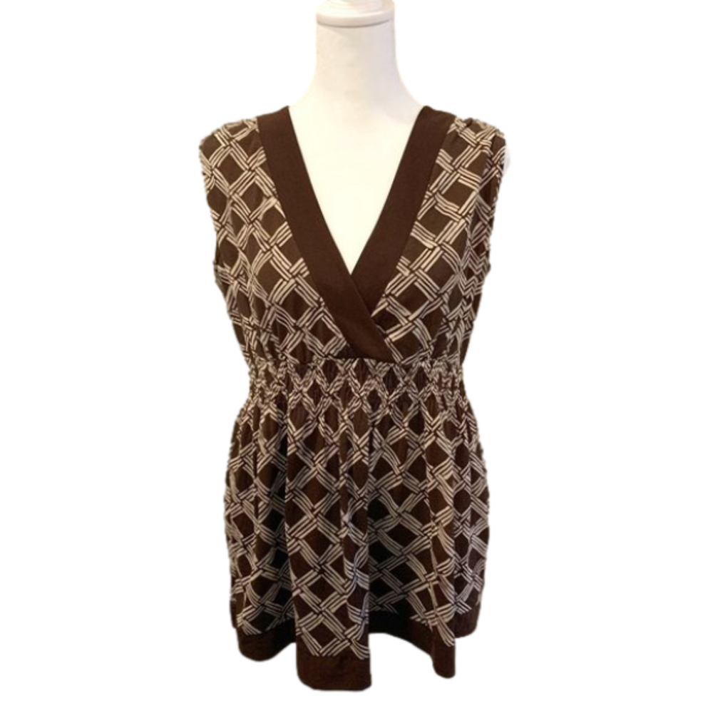 Sleeveless Blouse, w/V neck, elastic waist Beige & Brown, sheer fabric size XL